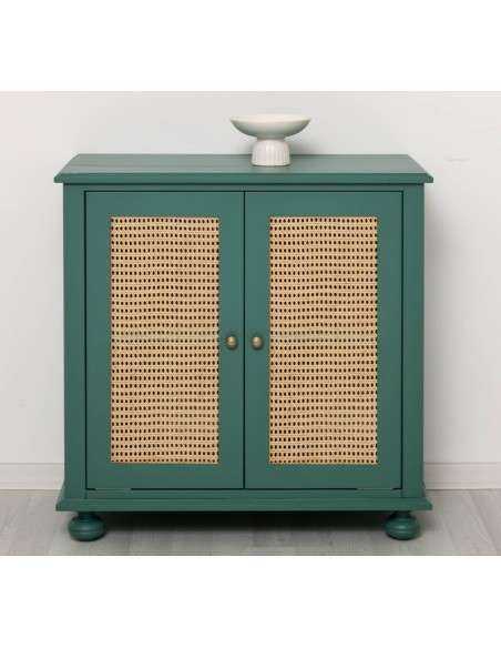 Mobiletto Country Verde P114 in Pino e Rattan – 90x47x90 cm
