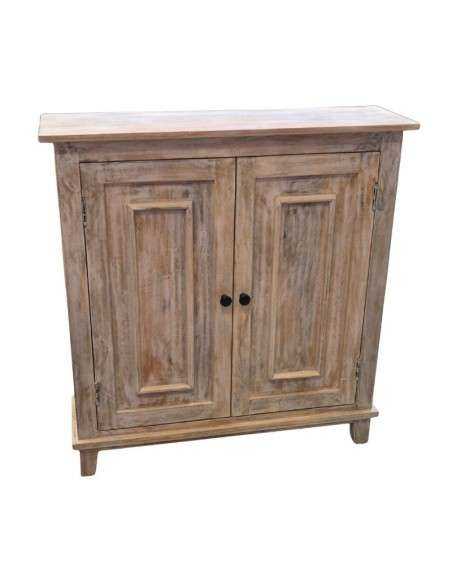 Credenza Bassa in Legno di Mango Sbiancato a Due Ante con Ripiano Interno
