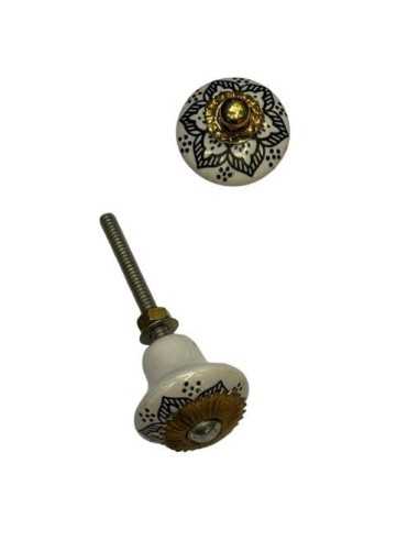 Pomello in ceramica artigianale Ø 3 cm colore base bianco decoro nero | Maniglia per mobili POM011