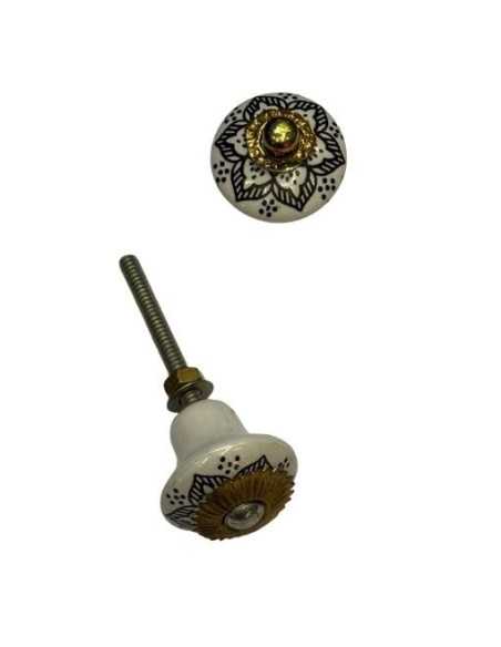 Pomello in ceramica artigianale Ø 3 cm colore base bianco decoro nero | Maniglia per mobili POM011