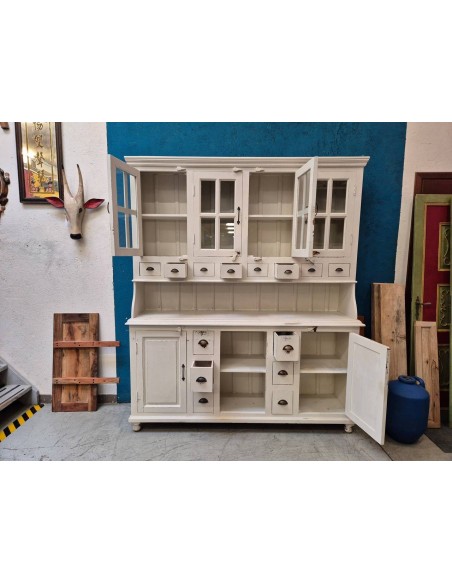 Credenza due corpi bianco decapato rustico in legno sheesham 187 cm CX9003