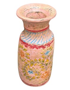 Vaso indiano in legno dipinto rosa con decorazioni floreali ts195b 2