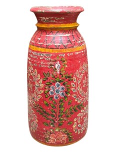 Vaso decorativo indiano in legno rosso dipinto a mano ts195c