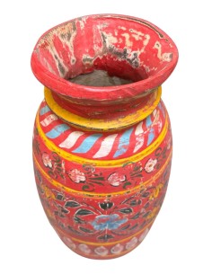 Vaso etnico in legno rosso con fiore blu dipinto a mano 25 cm  ts195E 2