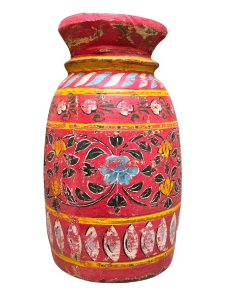 Vaso etnico in legno rosso con fiore blu dipinto a mano 25 cm  ts195E