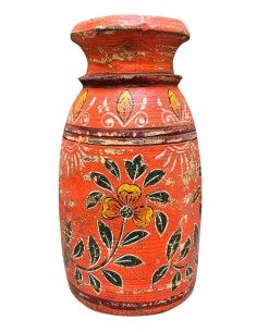 Vaso etnico in legno dipinto a mano arancio decorato 25 cm ts195F