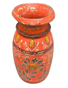 Vaso etnico in legno dipinto a mano arancio decorato 25 cm ts195F 2