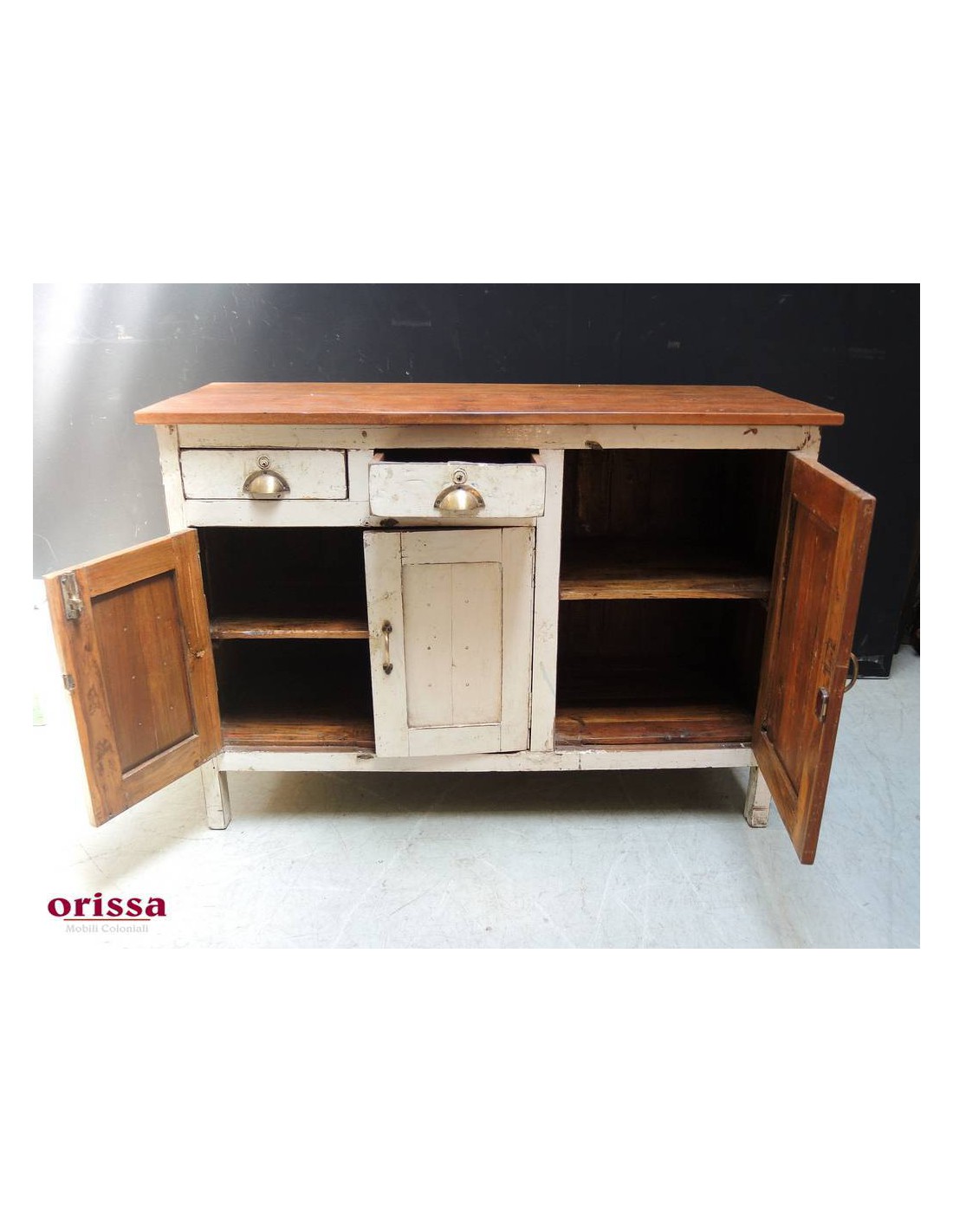 Credenza bassa stile country colore bianco top legno di teak P102