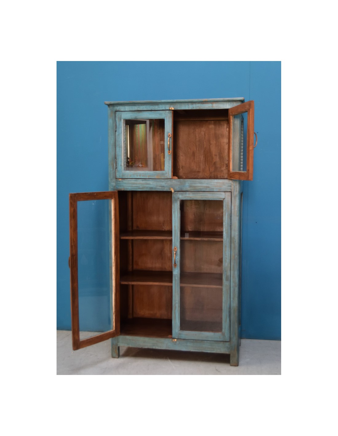 Vetrina shabby colore blu in legno di teak epoca coloniale TB084